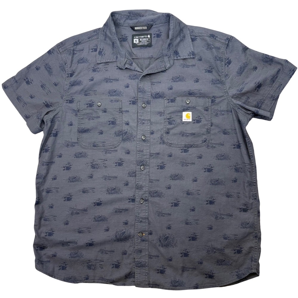 Carhartt Shirt Mens XL Gray Rugged Flex Relaxed Camp Fishing Print Short Sleeve